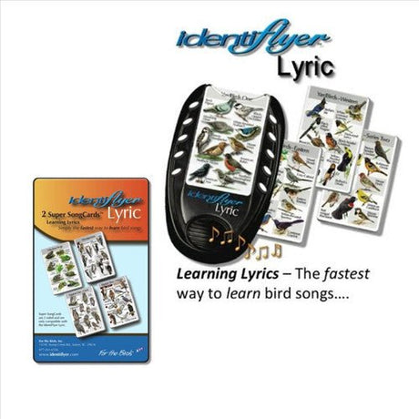 Identiflyer Lyric bird song learning kit with machine and 2 SongCards displayed, featuring images and names of various birds.