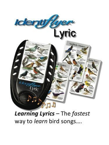 Identiflyer Lyric bird song learning machine with cards displaying various bird species and Learning Lyrics phrases.