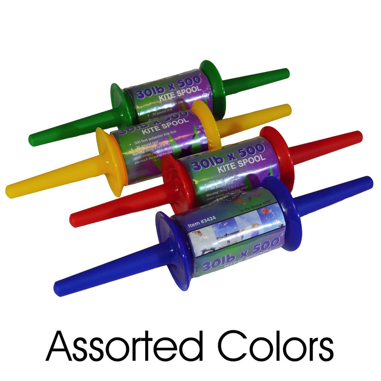 In The Breeze 30 LB x 500' Twisted Kite Line on spools in assorted colors with attached snap swivel