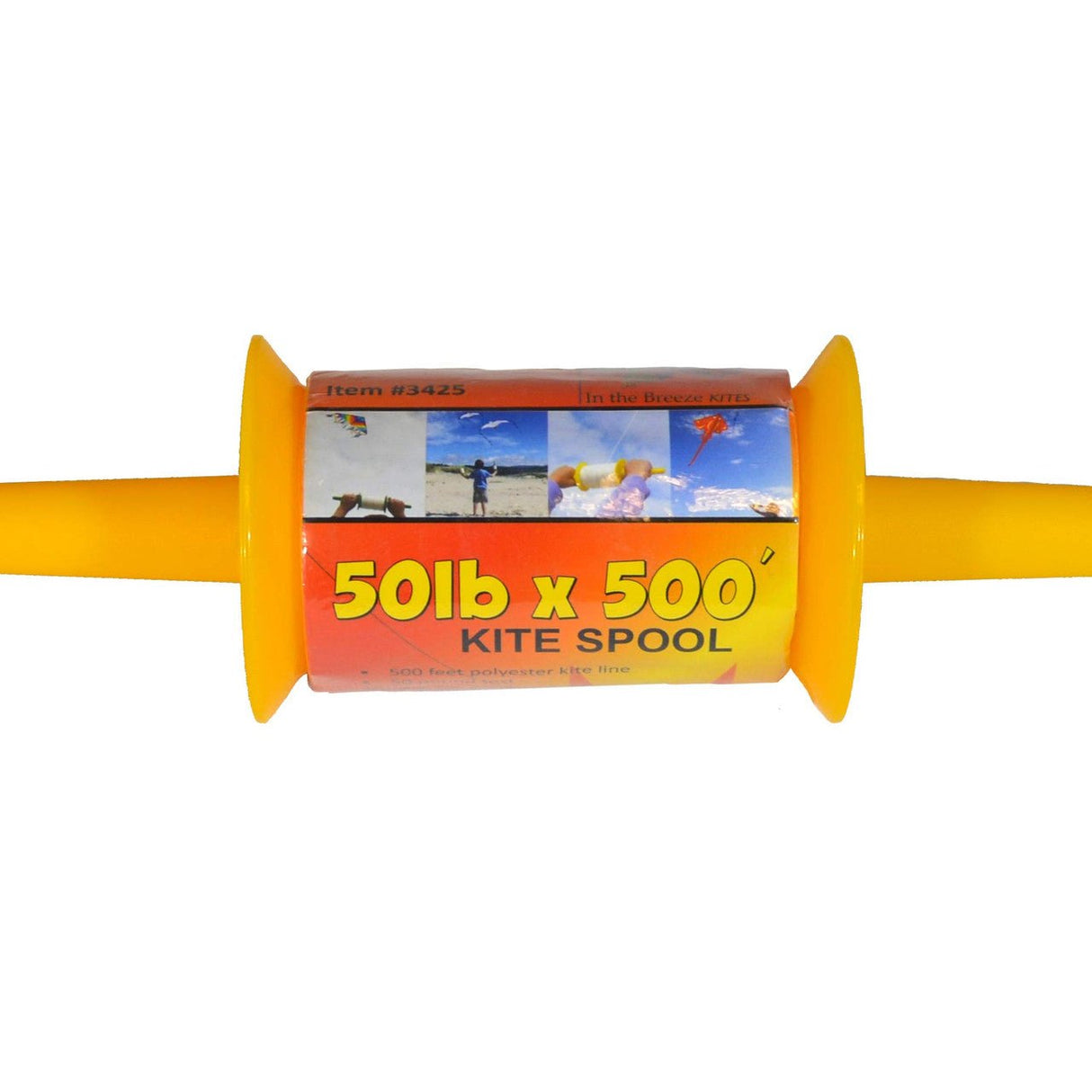 50 LB x 500' twisted kite line on yellow plastic spool with snap swivel for easy kite connectivity, durable and colorful.