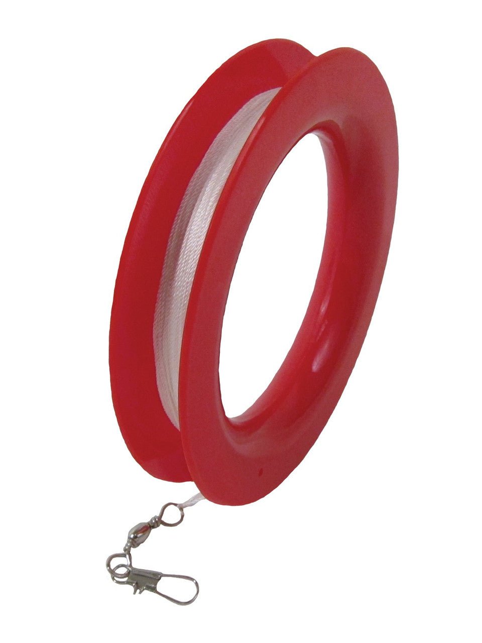 Red kite line spool with white string and metal clip for easy attachment.