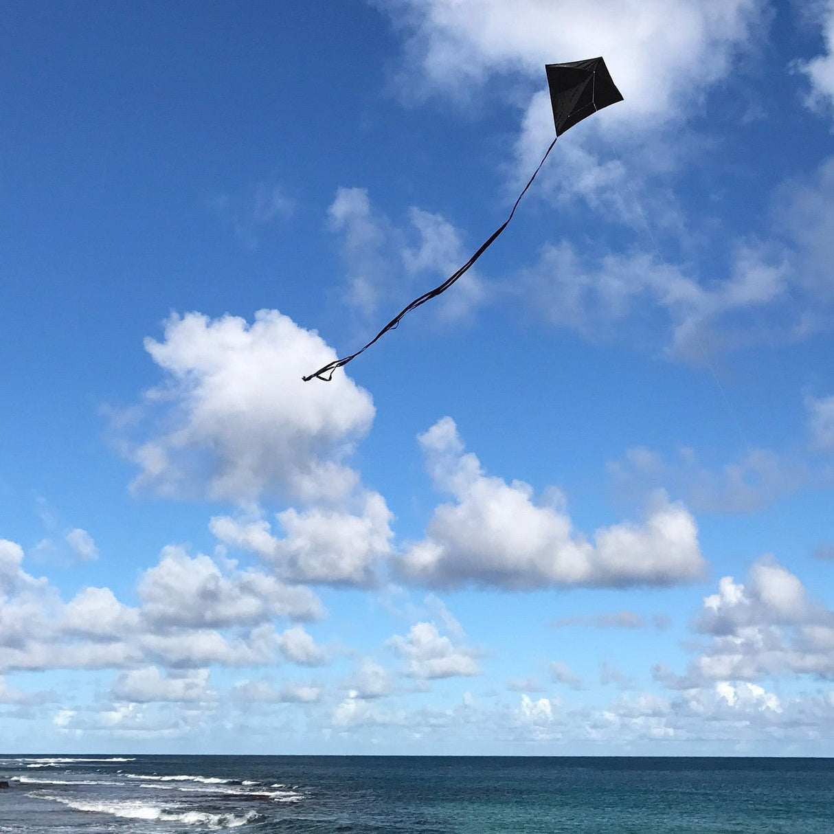 In the Breeze Black Colorfly 30" Diamond Kite flying against a blue sky and ocean backdrop