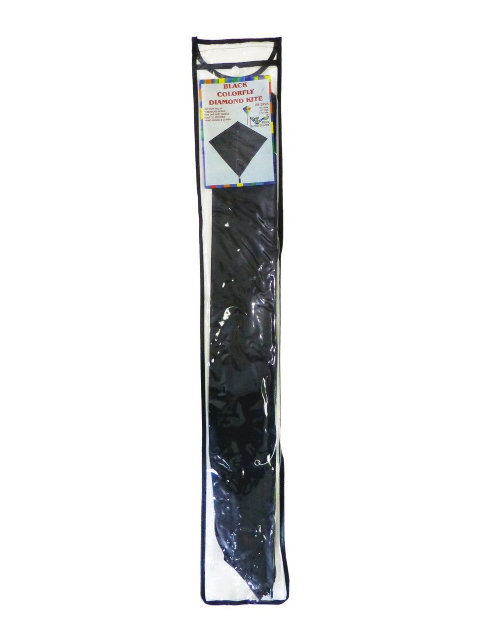 Packaging of In The Breeze Black Colorfly 30" Diamond Kite displaying the kite packed with three 12' tails and kite line included