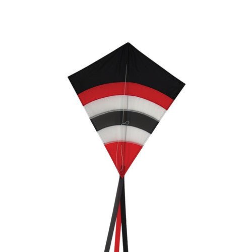 Red, black, and white In the Breeze Blazer Arch 27" Diamond Kite with long fabric tails for novice to intermediate kite enthusiasts.
