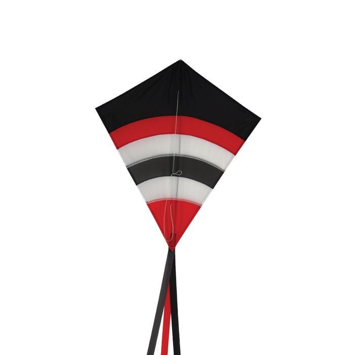 Red, black, and white In the Breeze Blazer Arch 27" Diamond Kite with long fabric tails ideal for novice to intermediate kite enthusiasts.