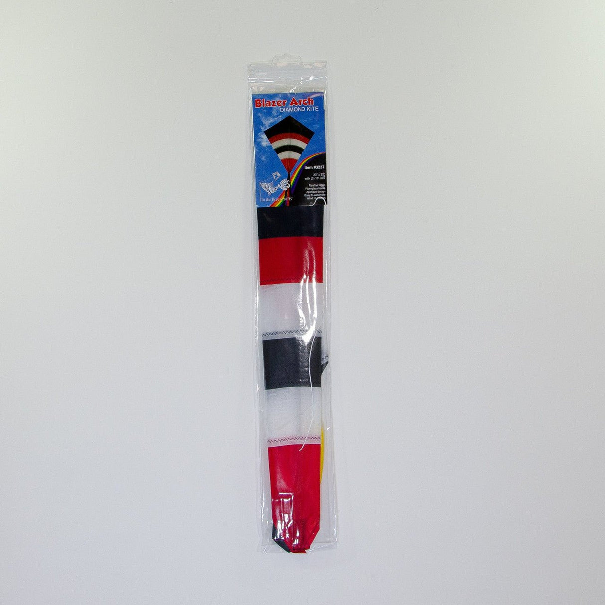 Packaged In the Breeze Blazer Arch 27" Diamond Kite in red, black, and white with long fabric tails for novice to intermediate kite enthusiasts
