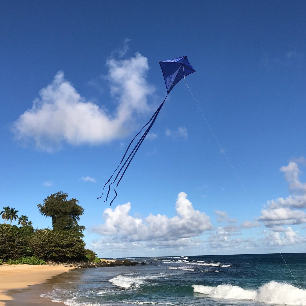 Blue Colorfly 30" Diamond Kite with 12' tails flying over a beach on a sunny day with scattered clouds
