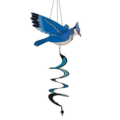 Blue Jay Twister Wind Spinner with movable wings and curly tail, made from weather-resistant polyester, measuring 13" wide and 24" tall