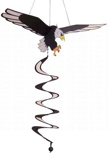 A fabric wind spinner depicting a bald eagle in flight with a spiral tail black and white accents and orange talons