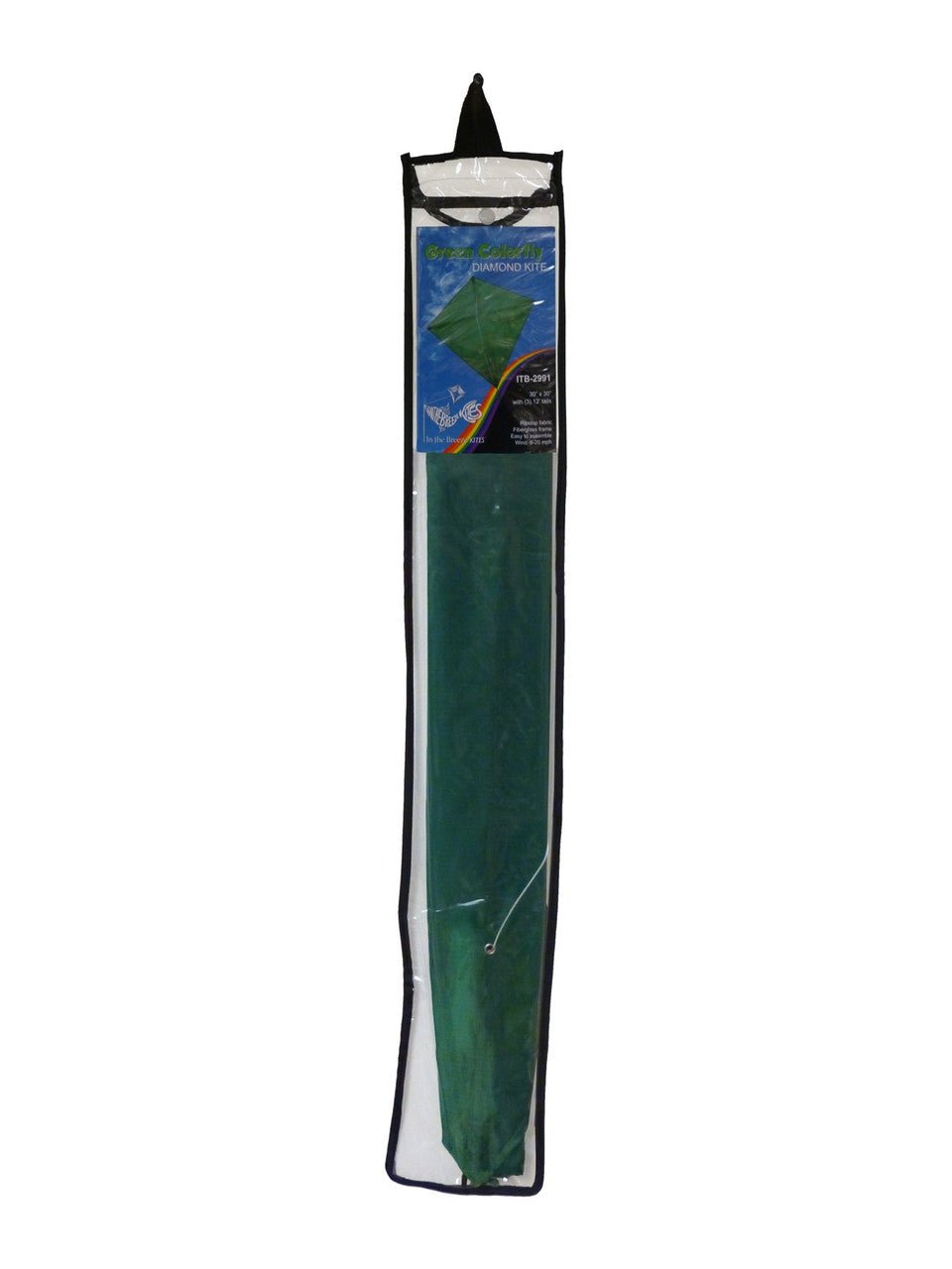 Packaging of In the Breeze Green Colorfly 30" Diamond Kite with three 12' green tails, weather-resistant fabric, and fiberglass rods.