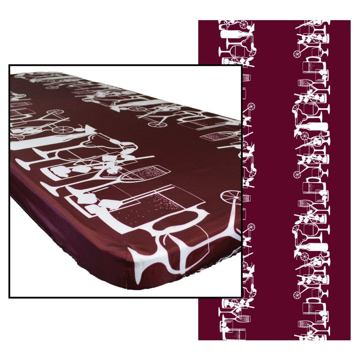 In the Breeze Happy Hour Drinks 6 Foot Fitted Tablecloth with maroon and white drink-themed design, durable, water-resistant fabric.