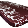 In the Breeze Happy Hour Drinks fitted tablecloth on a 6-foot table showing white drink illustrations on a burgundy background