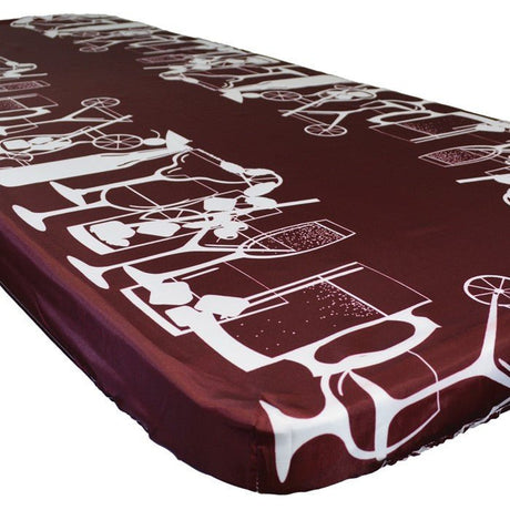 In the Breeze Happy Hour Drinks fitted tablecloth on a 6-foot table showing white drink illustrations on a burgundy background