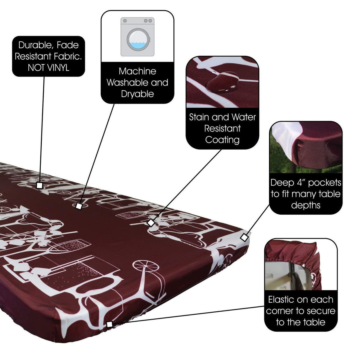 Features of In the Breeze Happy Hour Drinks 8 Foot Fitted Tablecloth including durable, fade-resistant fabric, machine washable, stain-resistant, and elastic corners.