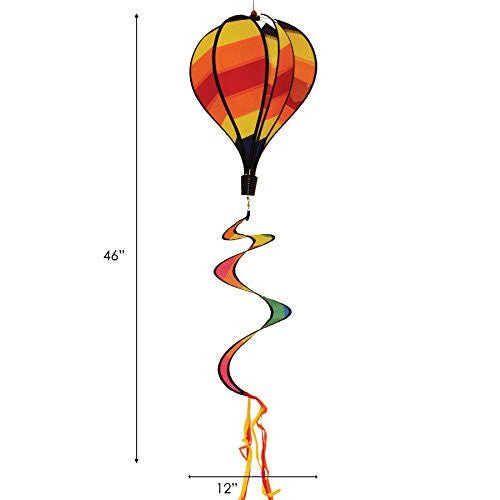 Image of a colorful hot air balloon and spiral wind spinner with orange red and yellow stripes and a rainbow colored tail