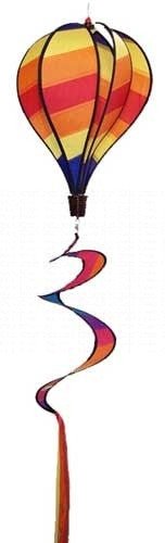 Artist unknown textile hot air balloon wind spinner featuring vibrant orange yellow and blue stripes with a swirling rainbow tail