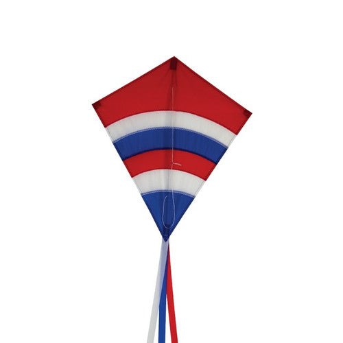 Patriotic Arch 27" Diamond Kite with red, white, and blue stripes and long fabric tails, perfect for novice to intermediate kite enthusiasts.