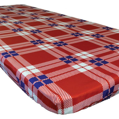 In the Breeze red plaid 6-foot fitted tablecloth with water and stain-resistant fabric shown on a table.
