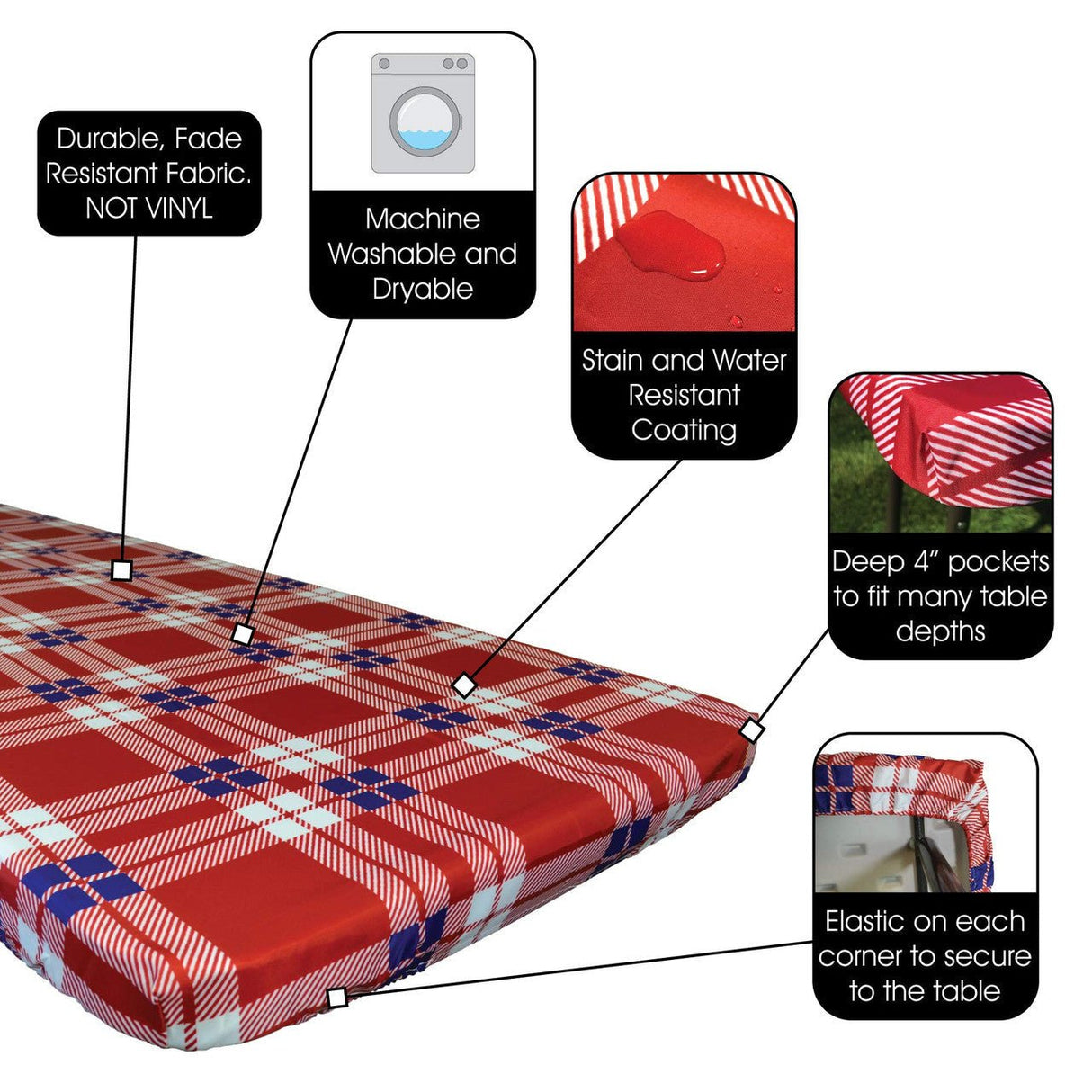 In the Breeze Plaid 6 Foot Tablecloth features durable fabric, stain and water-resistant coating, elastic pockets, and is machine washable.