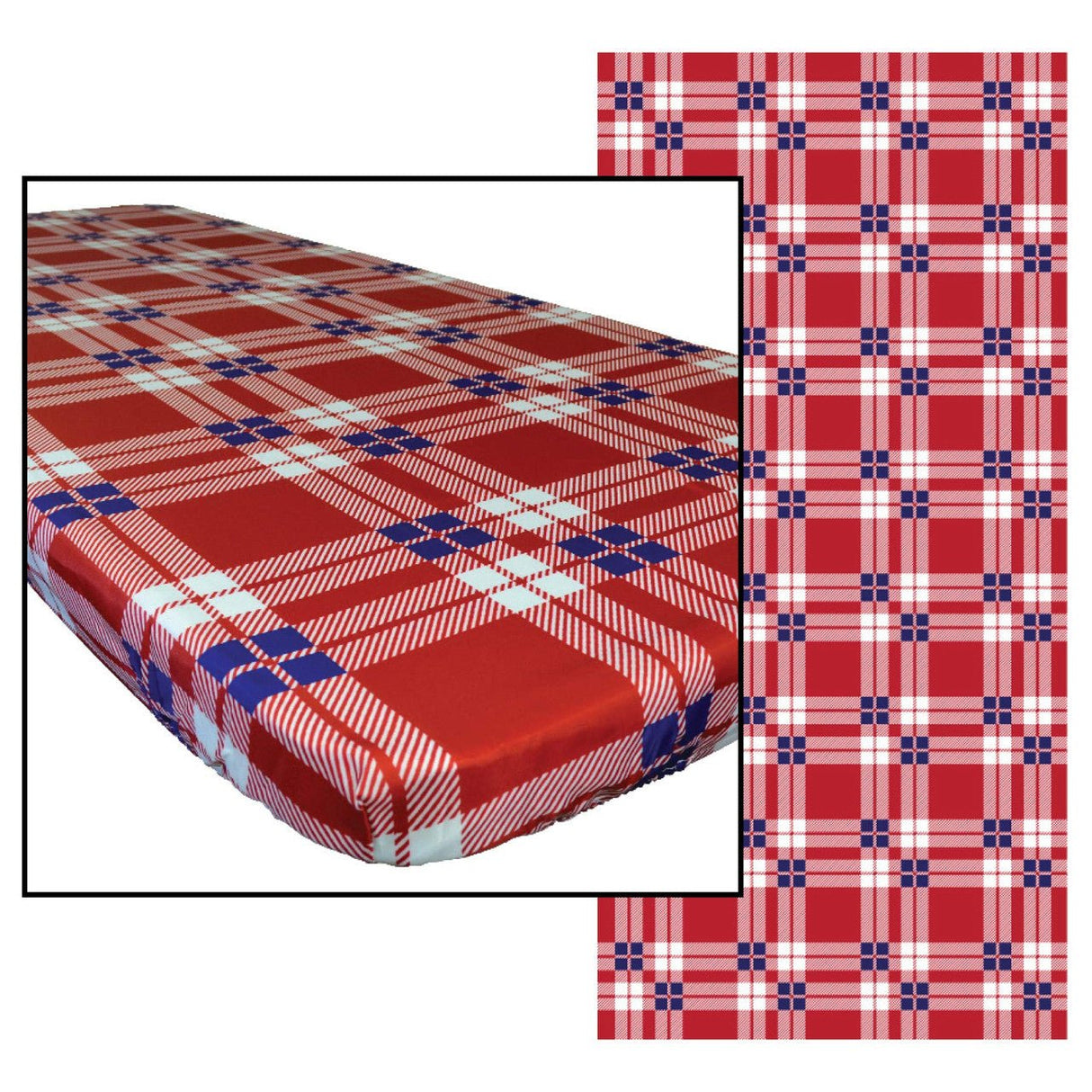 In the Breeze Plaid 6 Foot Fitted Tablecloth - Red and Blue Water & Stain-Resistant Fabric.