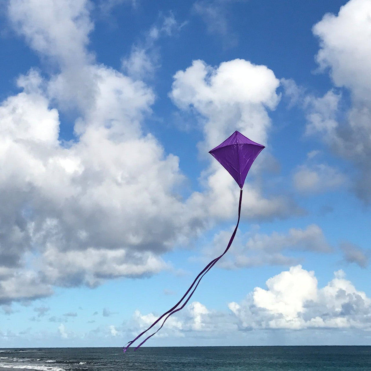 In the Breeze Purple Colorfly 30" Diamond Kite flying high above the ocean with three 12' purple tails against a cloudy sky