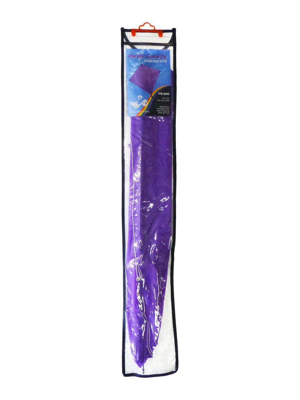 In the Breeze Purple Colorfly 30" Diamond Kite in packaging with three 12' color-coordinated tails, ready for flying on windy days.