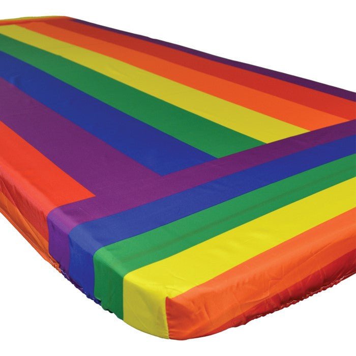 In the Breeze Rainbow 6 Foot Fitted Tablecloth with water and stain-resistant coating, ideal for picnics, camping trips, and events