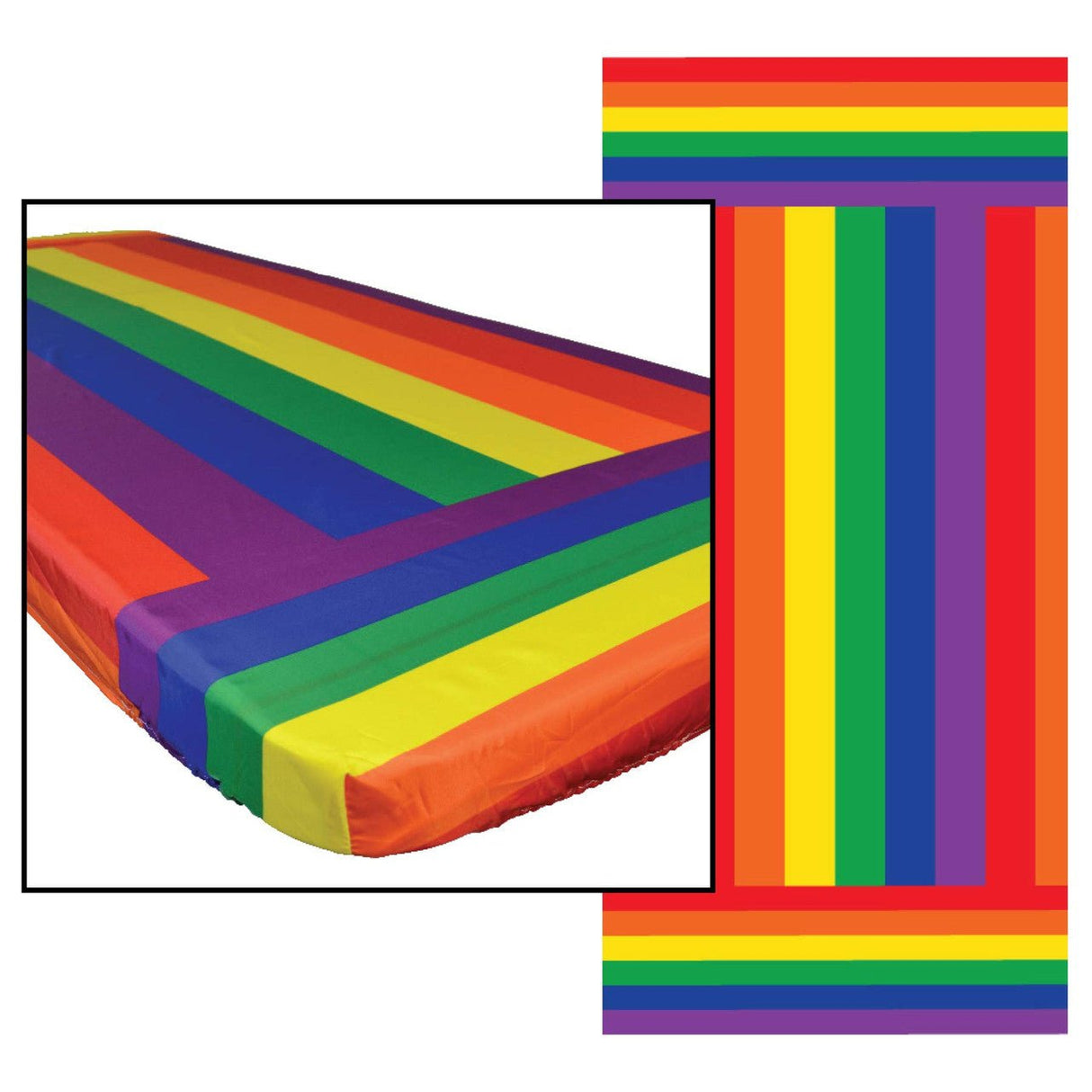 In the Breeze Rainbow 6 Foot Fitted Tablecloth with colorful stripes, water and stain-resistant, ideal for picnics, camping, and events