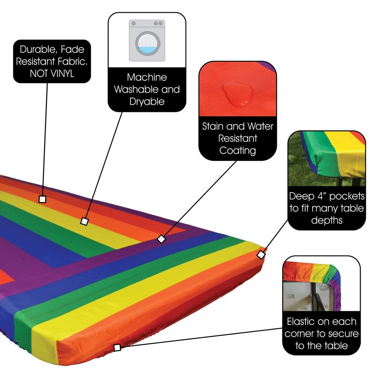 In the Breeze Rainbow 6 Foot Fitted Tablecloth features durable, water and stain-resistant fabric, deep pockets, and elastic corners.