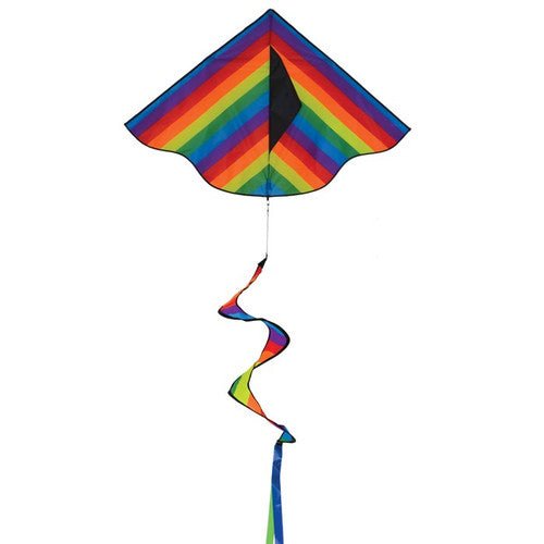 Colorful In the Breeze Rainbow Stripe Delta Kite with 42" curlie spinner tail, perfect for family fun and easy to fly.