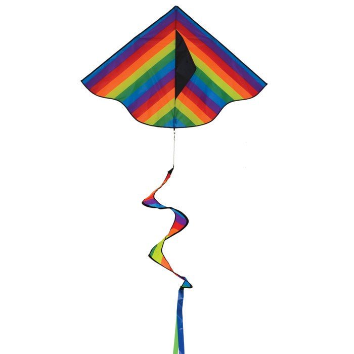 Colorful Rainbow Stripe Delta Kite with 42" curlie spinner, easy to fly and perfect for family fun in the sky. Weather-resistant fabric.