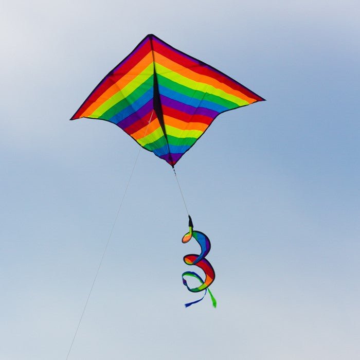 In the Breeze Rainbow Stripe Delta Kite with 42" Rainbow Curlie Twister Tail in the Sky.