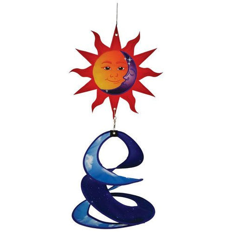 In the Breeze Sun and Moon Wind Spinner with detailed dual spinner hanging below red sun and crescent moon design, spinning fluidly in the breeze.