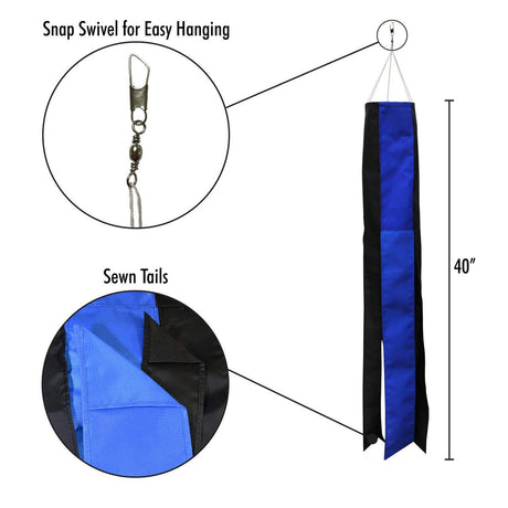 Thin Blue Line 40" Windsock with Snap Swivel for Easy Hanging and Sewn Tails Show Support for Police and Law Enforcement