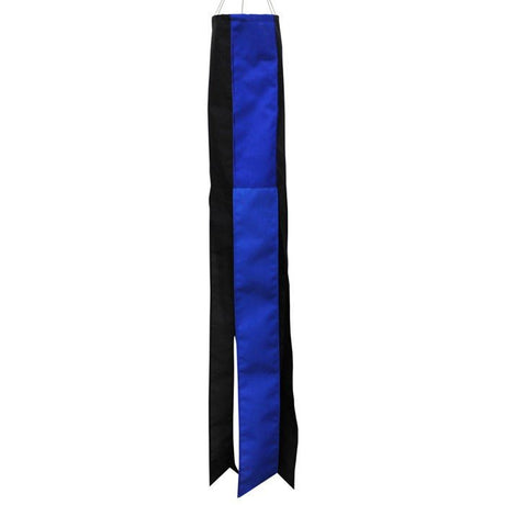 Thin Blue Line 40" windsock with black and blue stripes to show support for police and law enforcement, flowing in the breeze