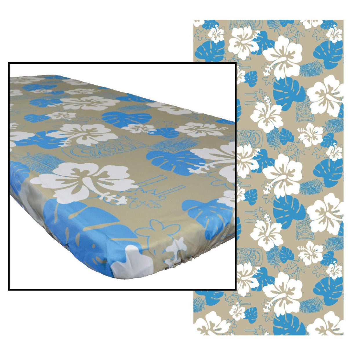 Tropical 6-foot fitted tablecloth with blue and white floral pattern on beige background, water and stain-resistant fabric