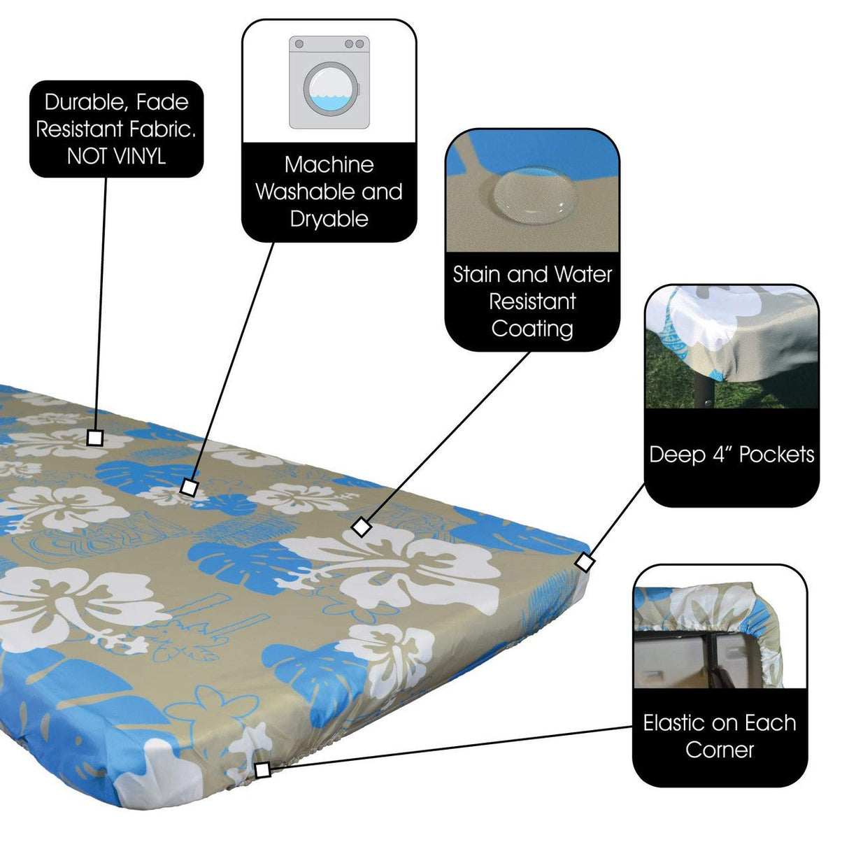 In the Breeze Tropical 6 Foot Fitted Tablecloth showcasing water-resistant, machine washable fabric, featuring 4" deep pockets with elastic.