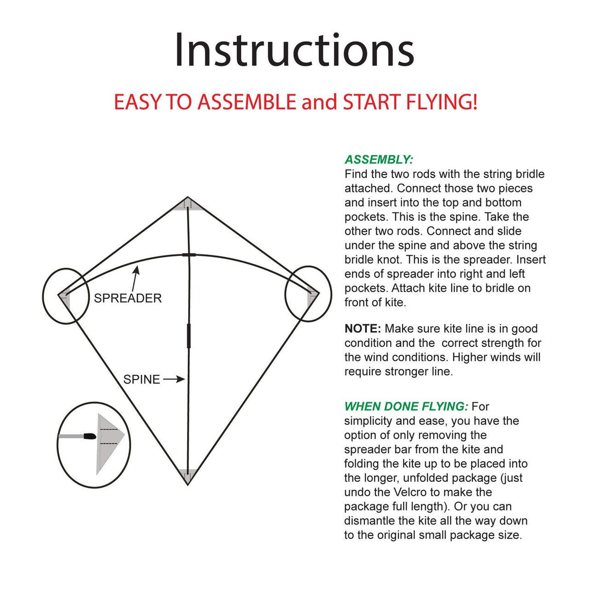 Instructions for assembling the In The Breeze Unicorn 30" Diamond Kite with two rods, spreader, spine, and string bridle for easy flying.