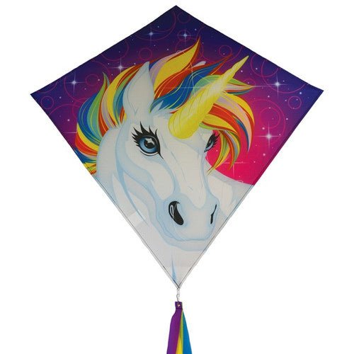 Colorful unicorn illustration on In The Breeze 30" diamond kite with coordinated tails for easy flying.