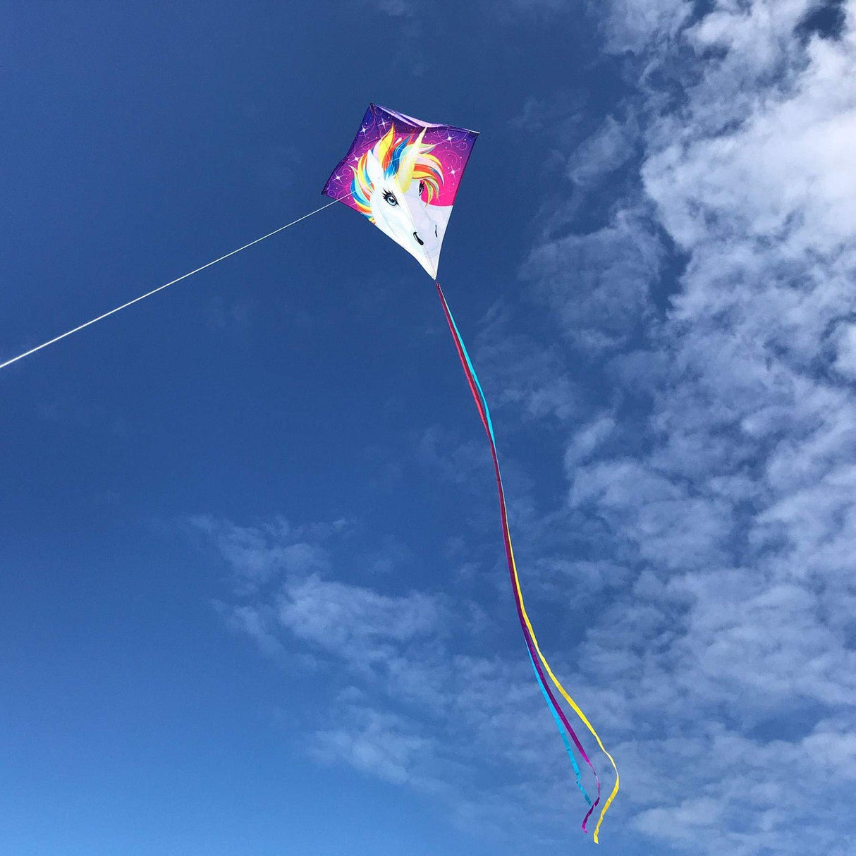 In The Breeze Unicorn 30" Diamond Kite with rainbow tails flying against a bright blue sky