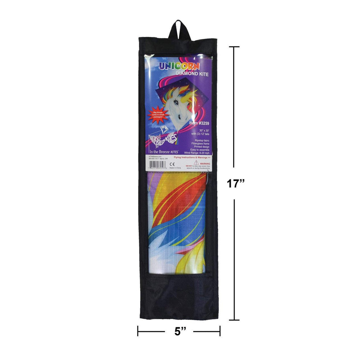 In The Breeze Unicorn 30" Diamond Kite package with vibrant unicorn illustration and dimensions 17 inches by 5 inches