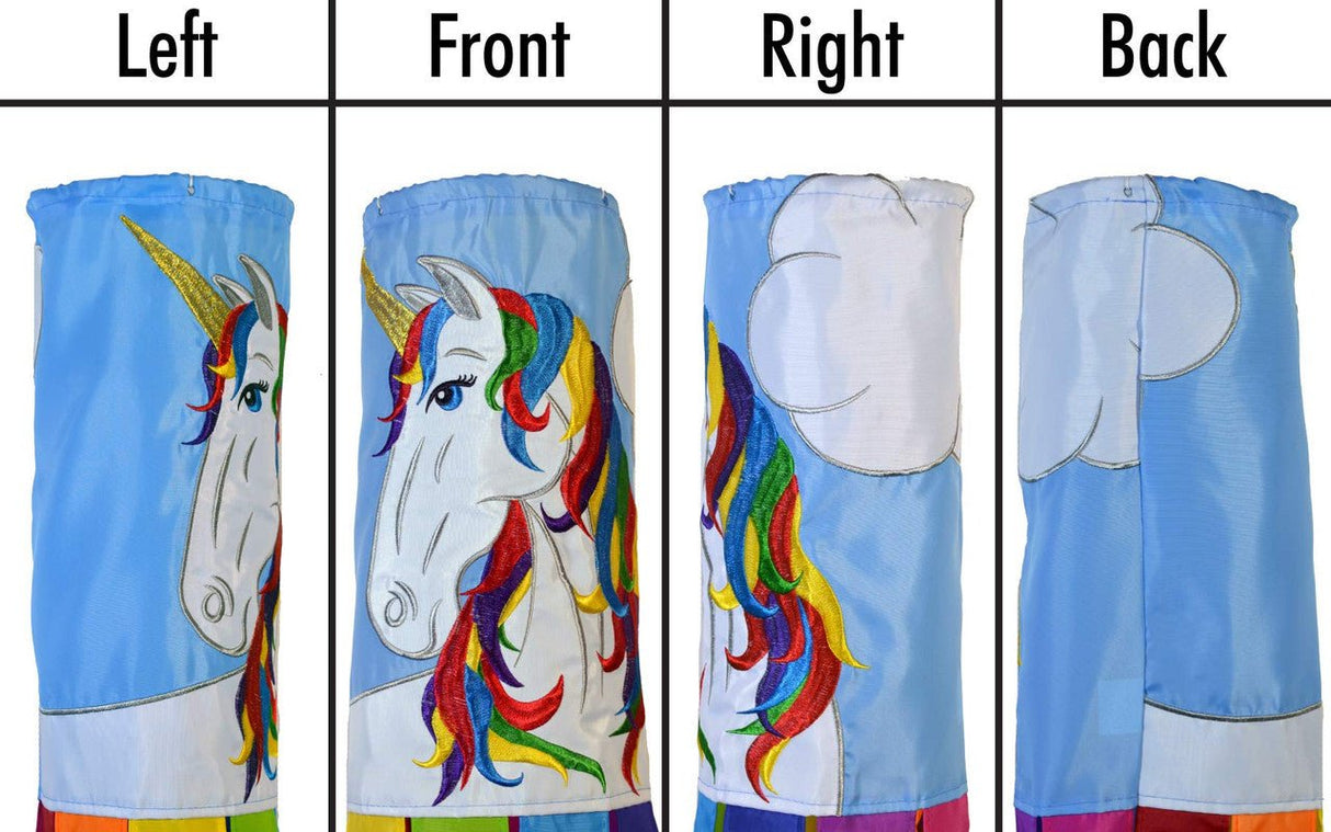 In The Breeze Unicorn Windsock showing left, front, right, and back views of detailed appliqued graphics with embroidered accents