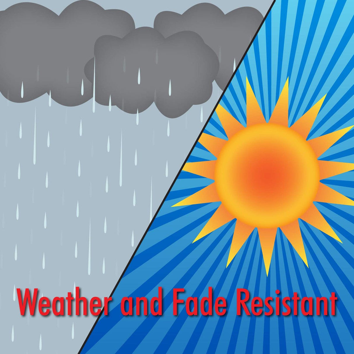 Weather and fade resistant illustration with rain clouds and a sun.