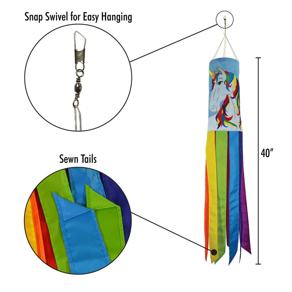 In The Breeze Unicorn 40" Windsock with colorful tails, snap swivel for easy hanging, and sewn details, made from weather-resistant polyester fabric.