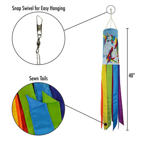 In The Breeze Unicorn 40" Windsock with colorful tails, snap swivel for easy hanging, and sewn details, made from weather-resistant polyester fabric.