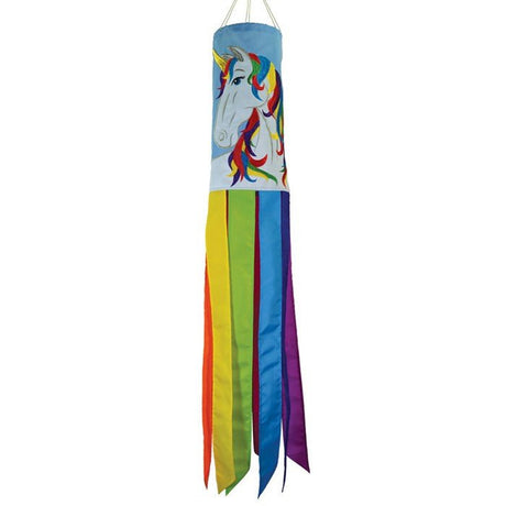 In The Breeze Unicorn 40" Windsock with colorful tails and a unicorn design, made of weather-resistant polyester fabric.