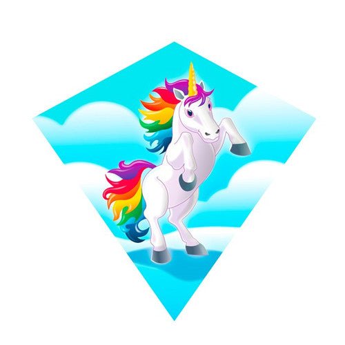 In The Breeze Unicorn Mini Diamond Kite with vibrant unicorn design, perfect for kids, easy to assemble, nylon material, and fiberglass frame
