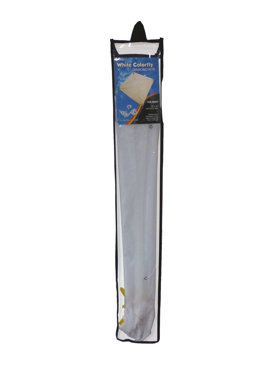 In the Breeze White Colorfly 30" Diamond Kite packaging with bold white kite and three 12' tails, ready for assembly.