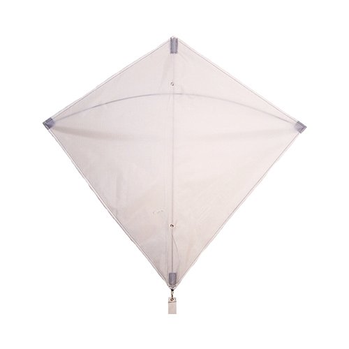 White 30" diamond kite with three color-coordinated tails for beginners, made with weather-resistant ripstop fabric and fiberglass rods.