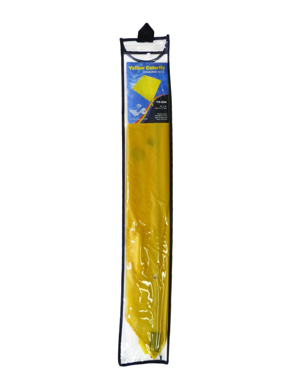 In the Breeze Yellow Colorfly 30" Diamond Kite in packaging with bold, bright yellow design and coordinated tails for stability